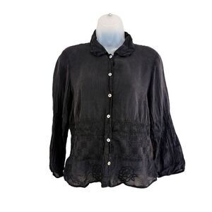 Johnny Was Button Down Shirt Womens Small Black Rayon Embroidered Top Blouse VTG